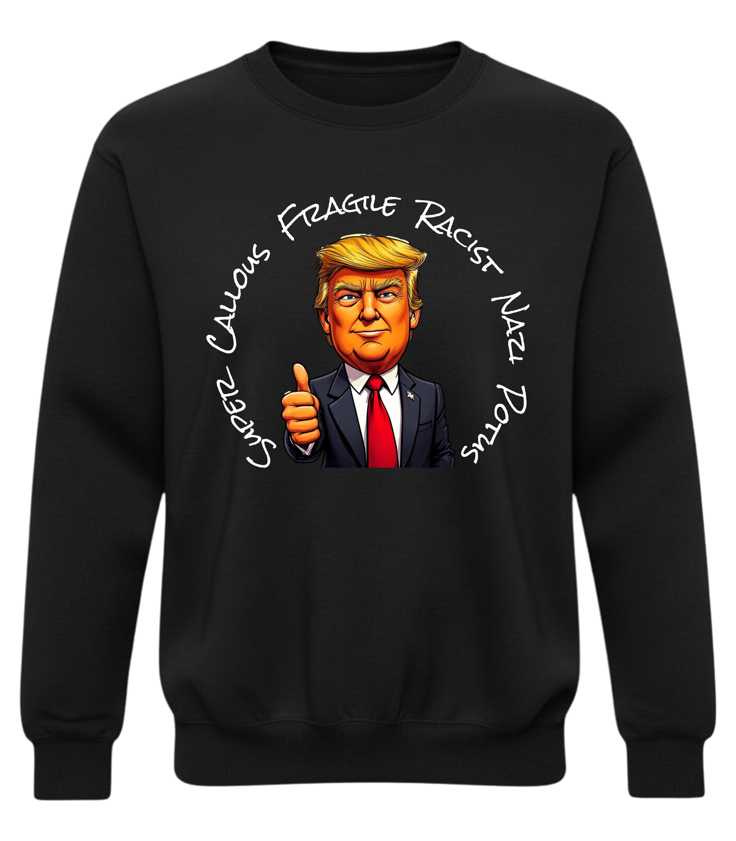 Graphic Crewneck Sweatshirt — Cartoon Thumbs-Up Portrait with Circular Text