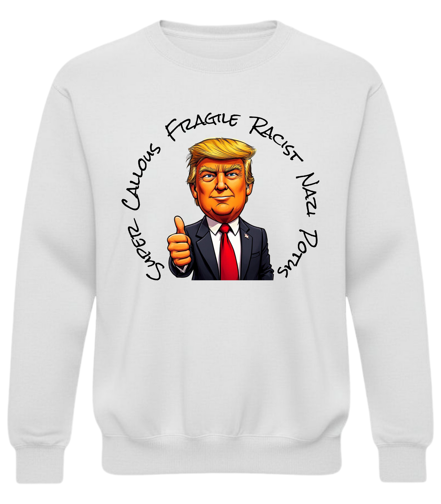Graphic Crewneck Sweatshirt — Cartoon Thumbs-Up Portrait with Circular Text