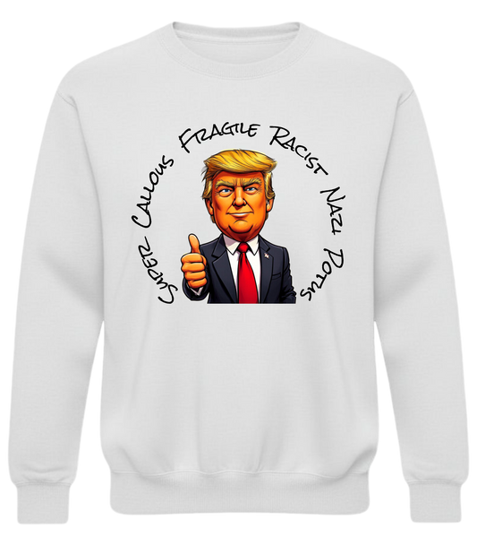 Graphic Crewneck Sweatshirt — Cartoon Thumbs-Up Portrait with Circular Text