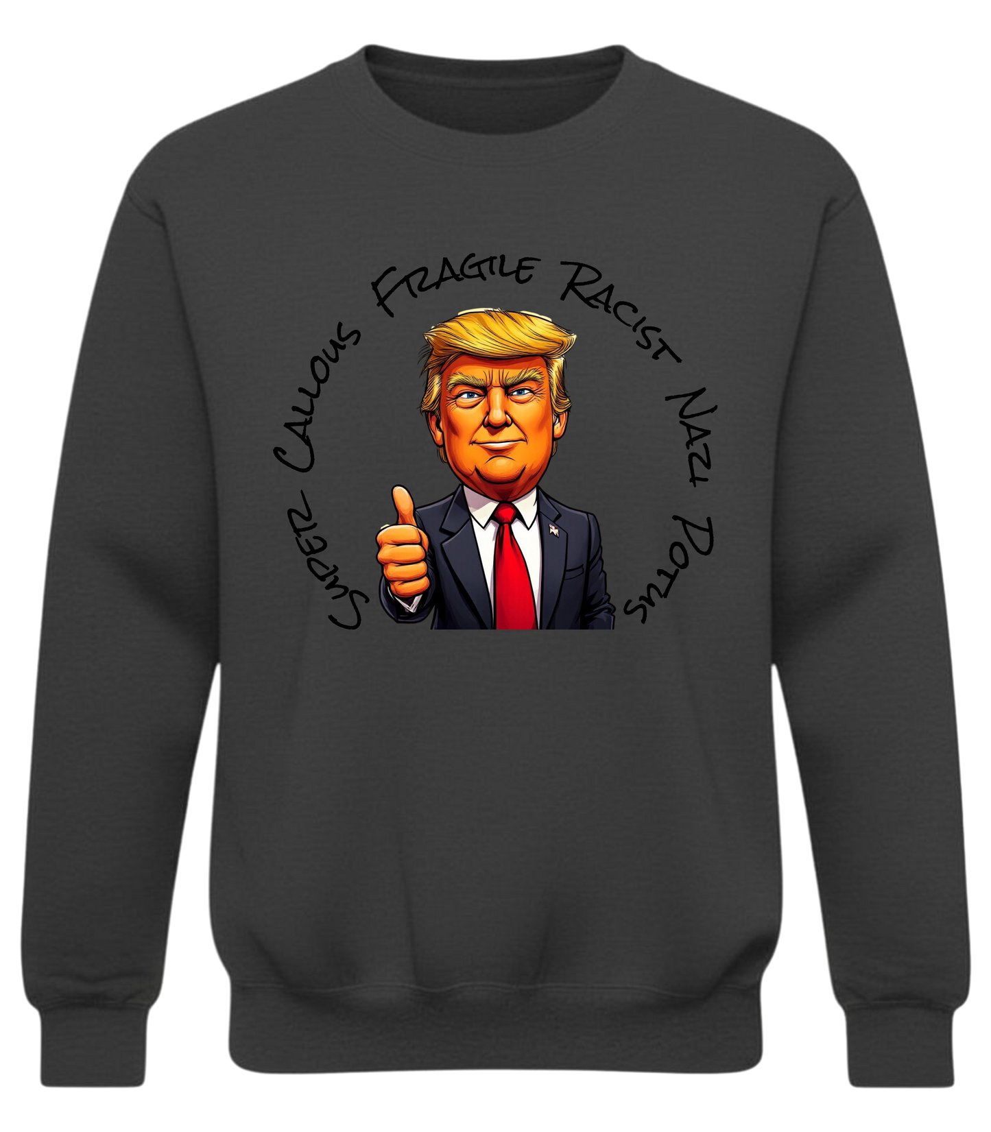 Graphic Crewneck Sweatshirt — Cartoon Thumbs-Up Portrait with Circular Text