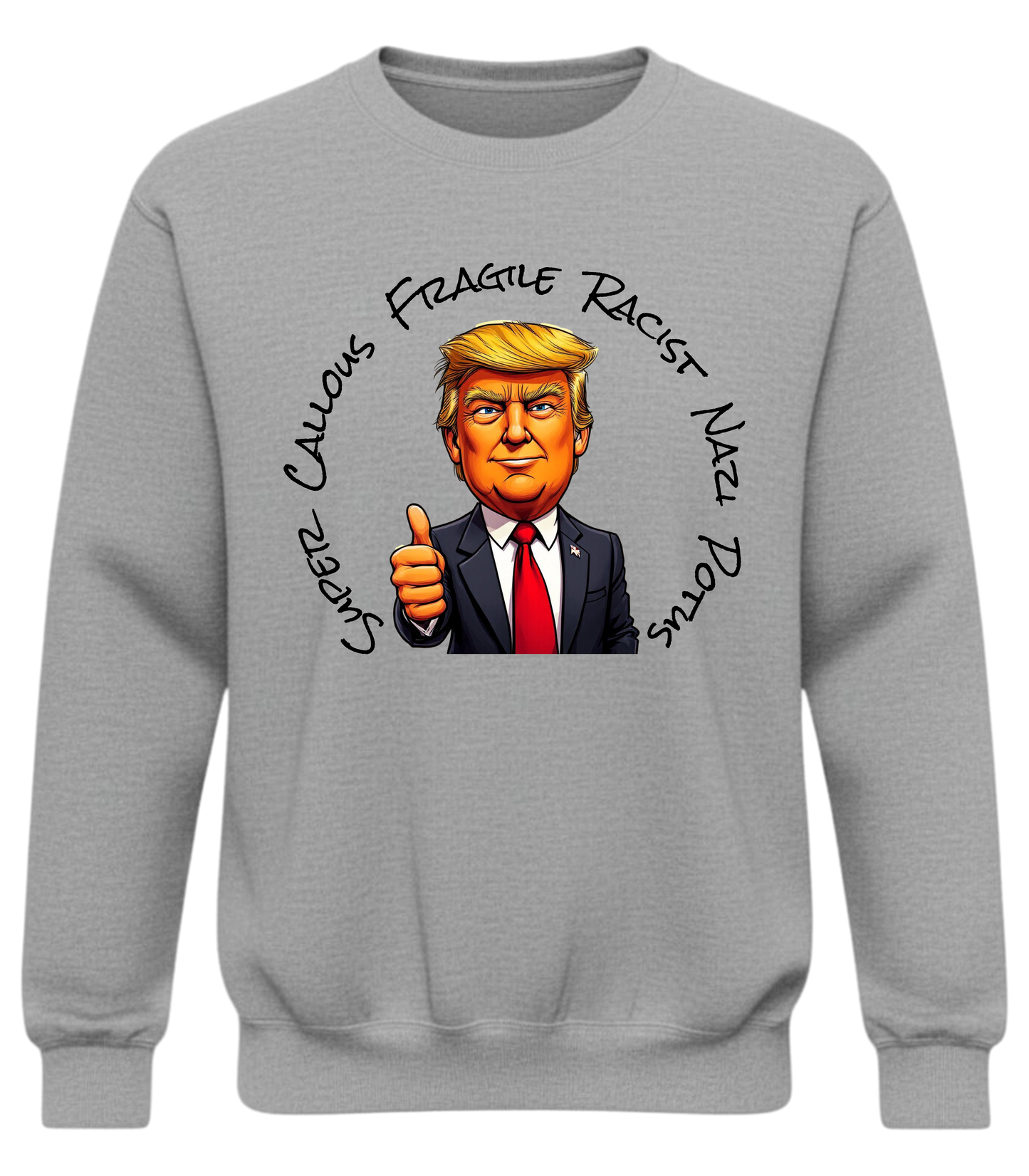 Graphic Crewneck Sweatshirt — Cartoon Thumbs-Up Portrait with Circular Text