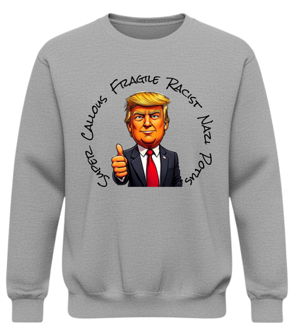 Graphic Crewneck Sweatshirt — Cartoon Thumbs-Up Portrait with Circular Text